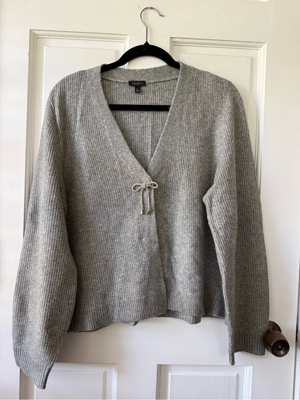 Talbots Gray Ribbed Single Snap Front Sweater Cardigan w/Removable Sparkly Bow